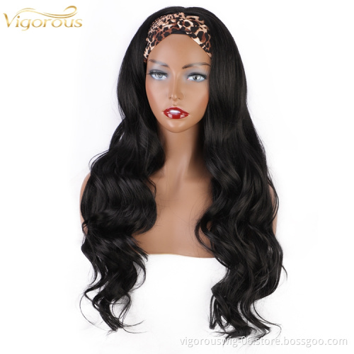 Vigorous wholesale cheap long body wave kinky curly dropshipping synthetic headband with band wigs for black women